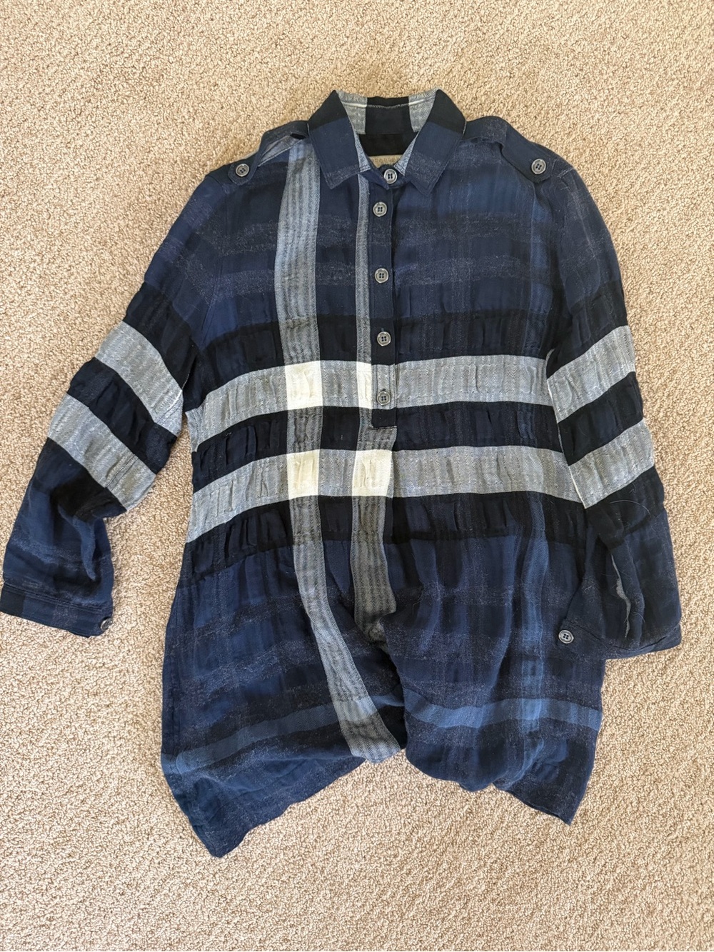 Burberry Navy and Light Gray Striped Button-Down Shirt